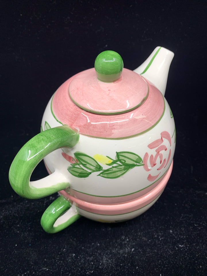 PINK AND GREEN FLORAL 3 PC TEA FOR ONE SET.