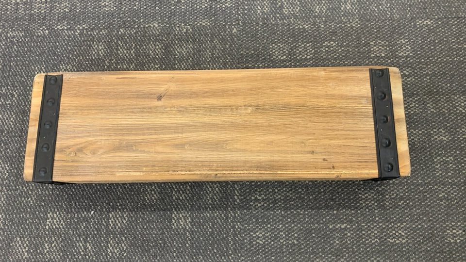 RUSTIC WOOD SHELF W/METAL DETAIL EDGE.