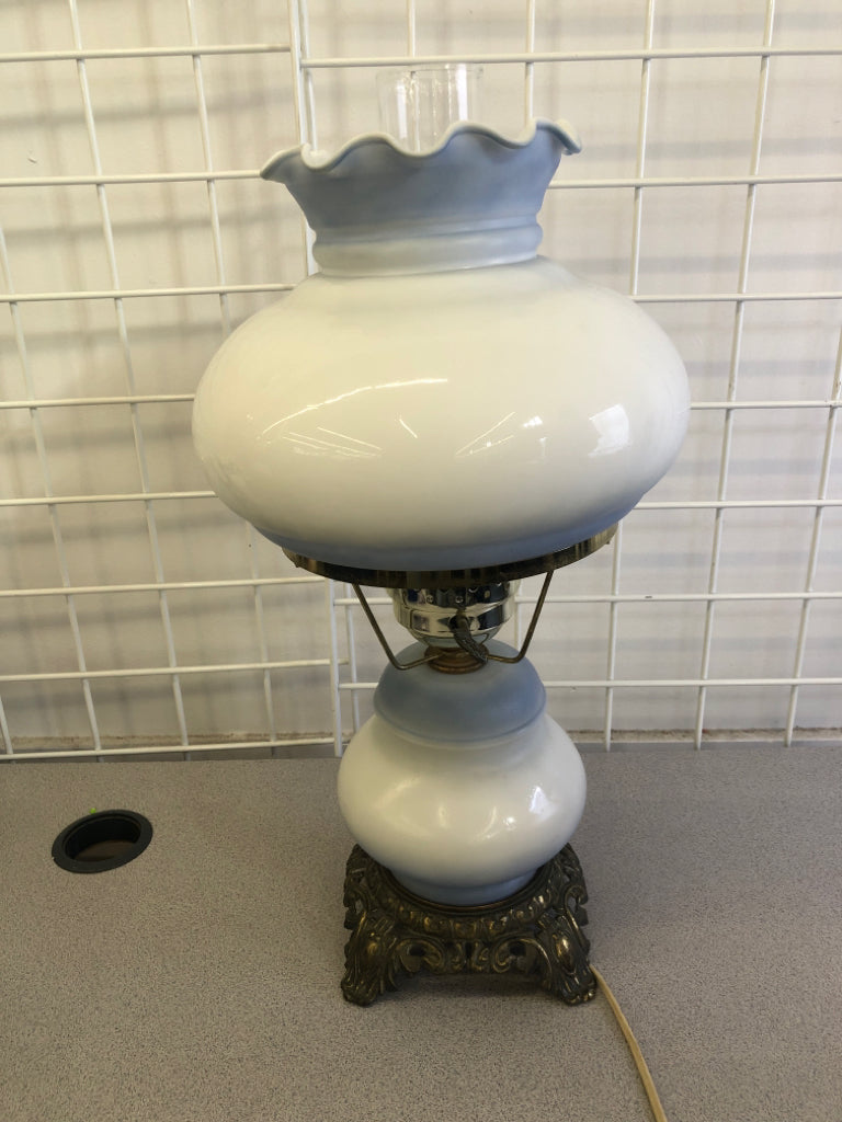 VTG BLUE AND WHITE HURRICANE LAMP.