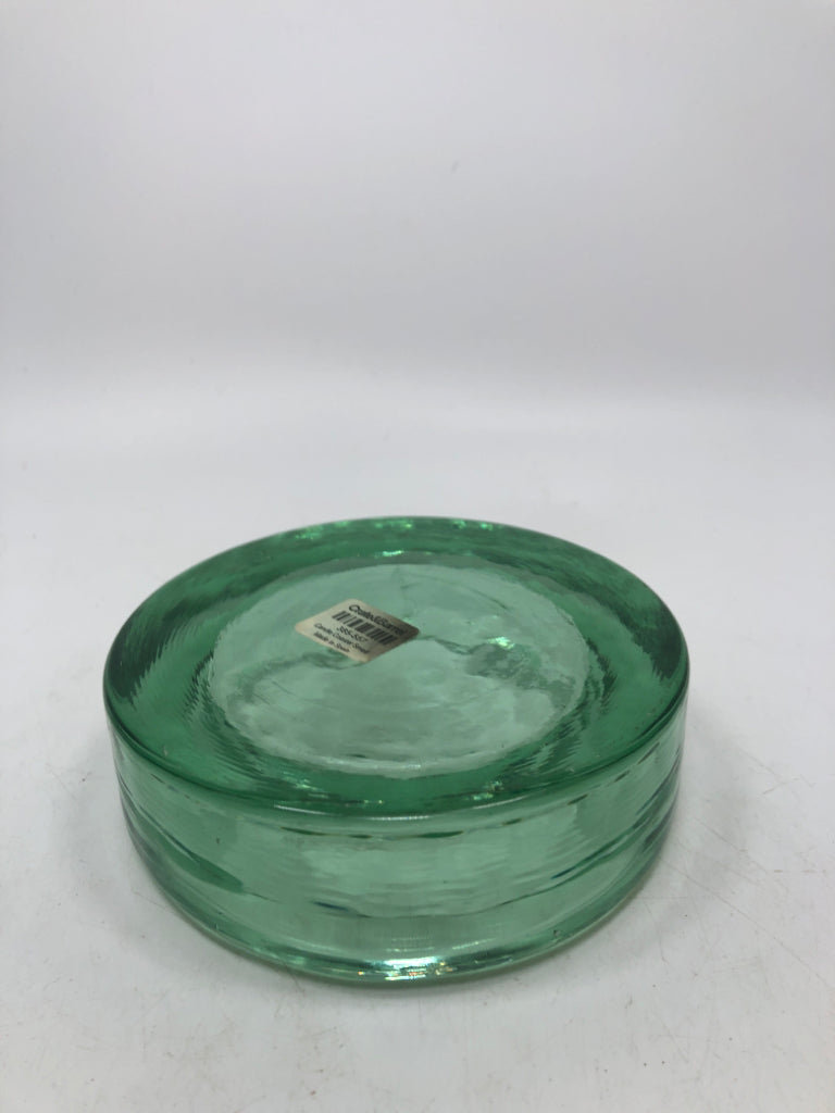 HEAVY GREEN GLASS PILLAR CANDLE HOLDER.