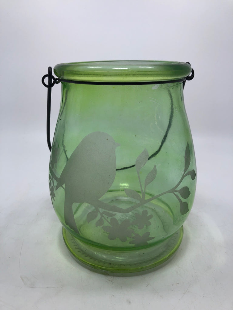 GREEN FROSTED BIRD CANDLE LANTERN.