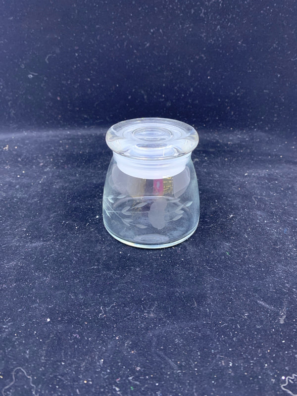 SMALL ETCHED FLOWER GLASS JAR.