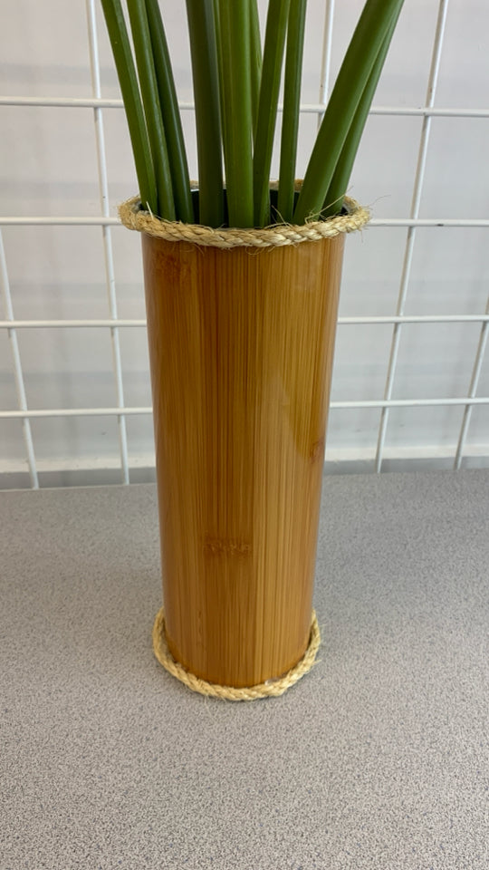 FAUX LILIES IN METAL FAUX WOOD VASE.
