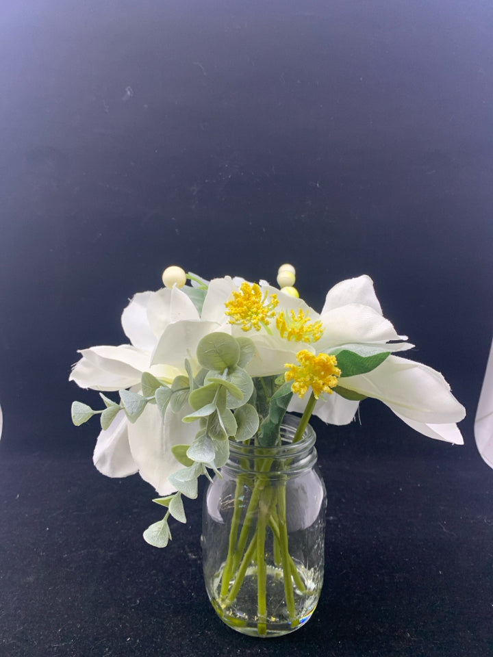 MASON JAR W/2 FAUX WHITE FLOWERS IN FAUX WATER.