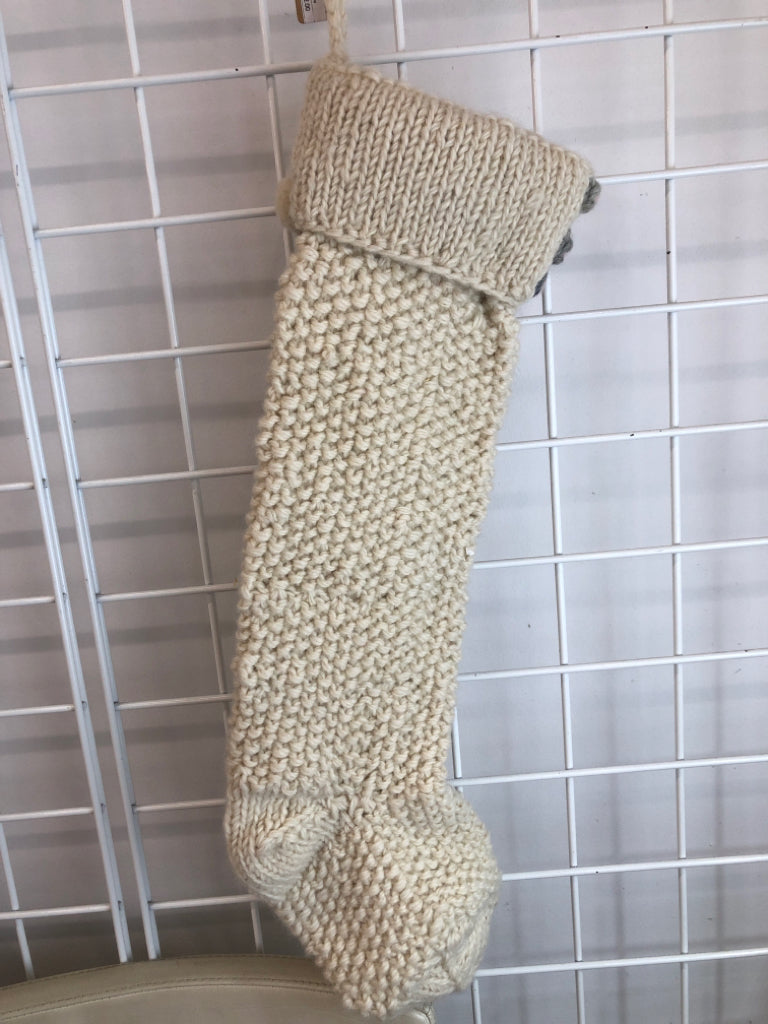 WHITE KNIT GREY/PINK POMS HOLIDAY STOCKING.