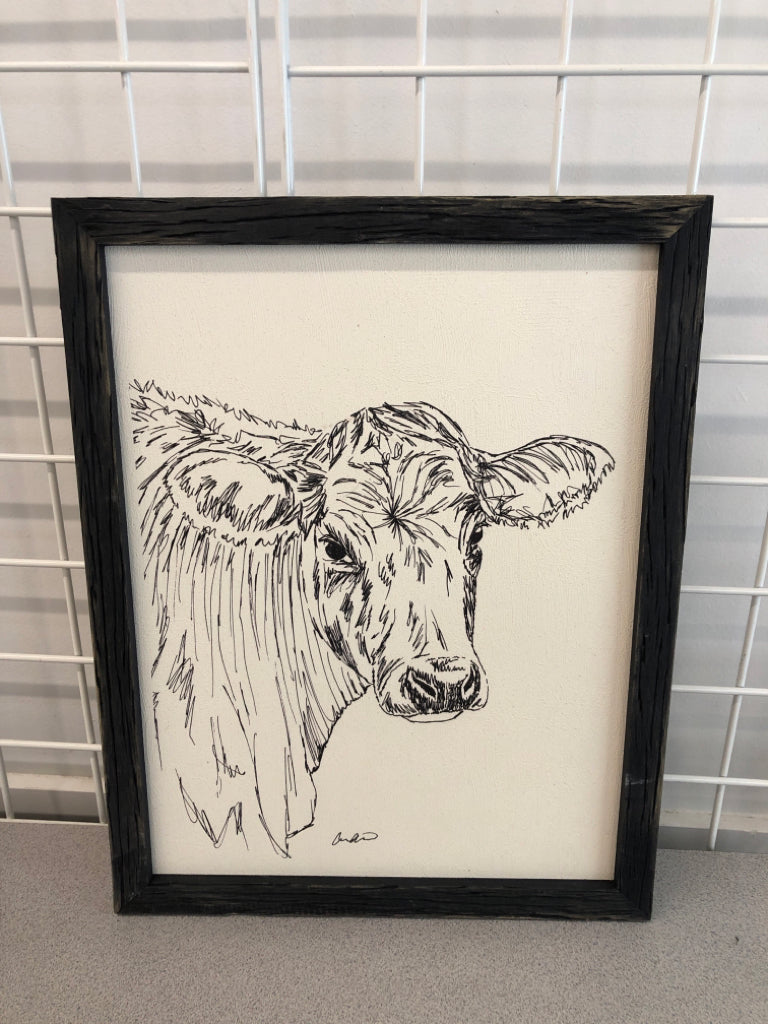 COW SKETCH ART IN GREY WOOD FRAME.