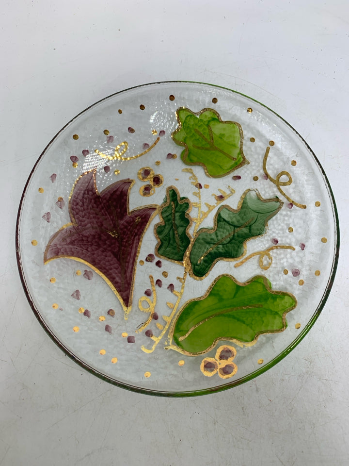 GLASS SHALLOW BOWL W/ PAINTED LEAVES MADE IN ITALY.