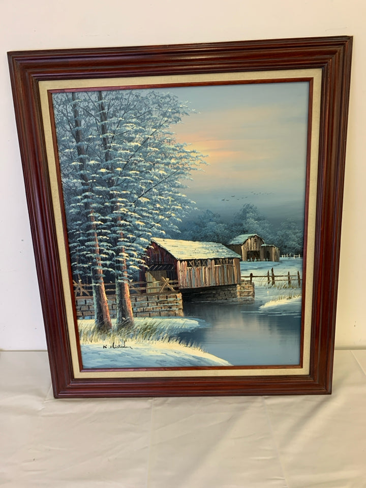 WOODEN BRIDGE WINTER SCENE PAINTING IN CHERRY WOOD FRAME.