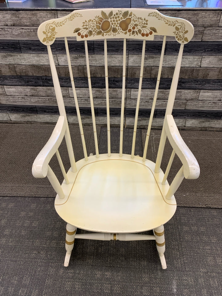 VTG WOOD ROCKING CHAIR W/GOLD PAINTED FRUITS.