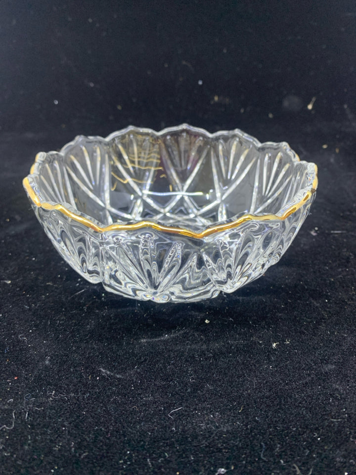 GOLD RIMMED CUT GLASS DISH.