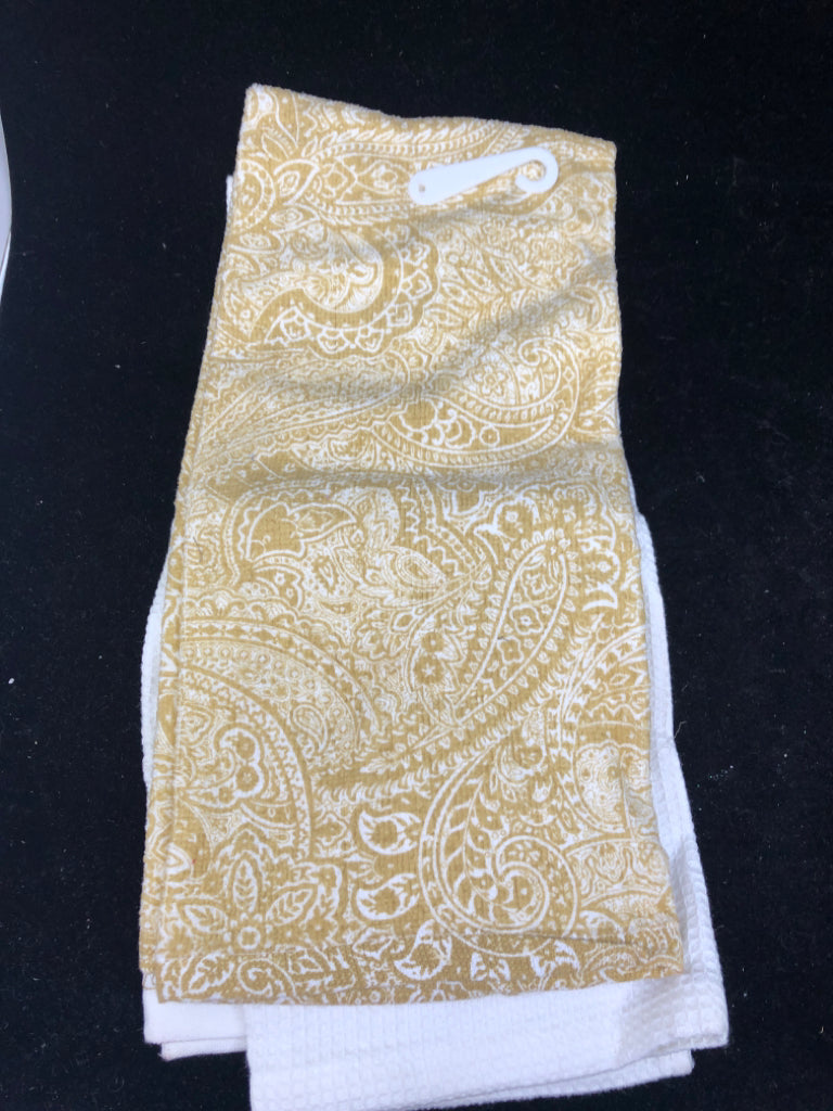 NIP GOLD SCROLL & WHITE W/ SCROLL DETAIL BOTTOM KITCHEN TOWELS.