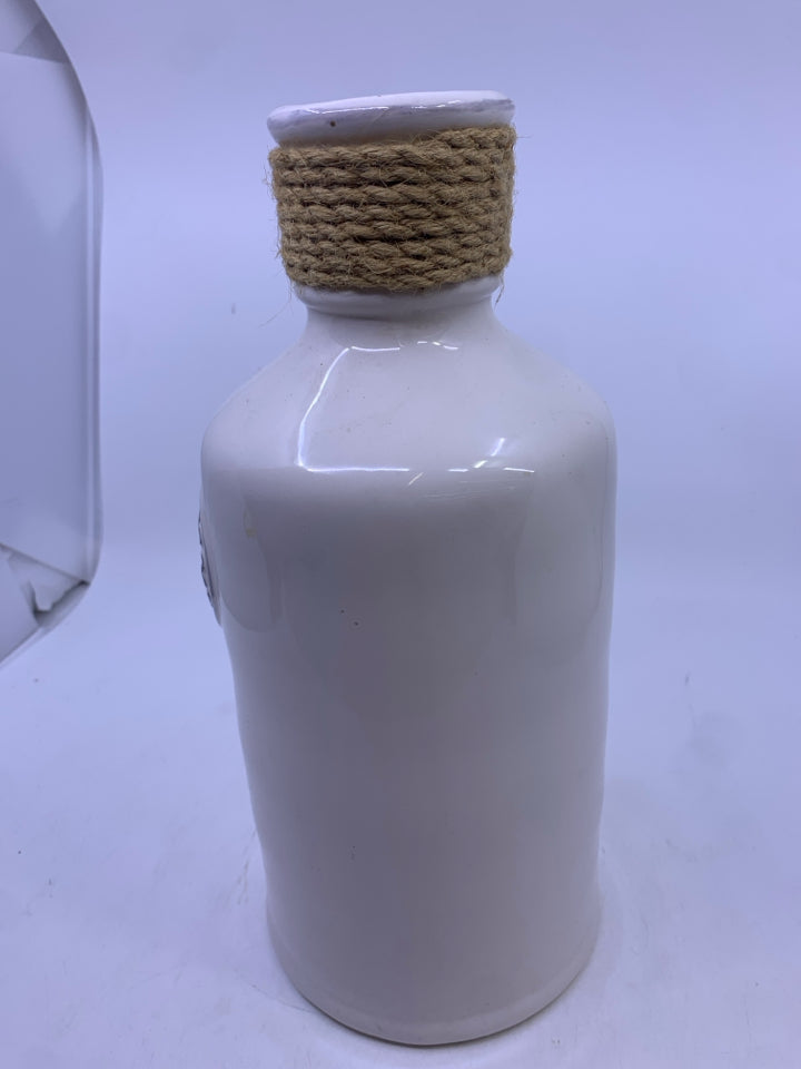 LARGE CERAMIC WHITE VASE W/ BURLAP EMBOSSED MEDALLION.