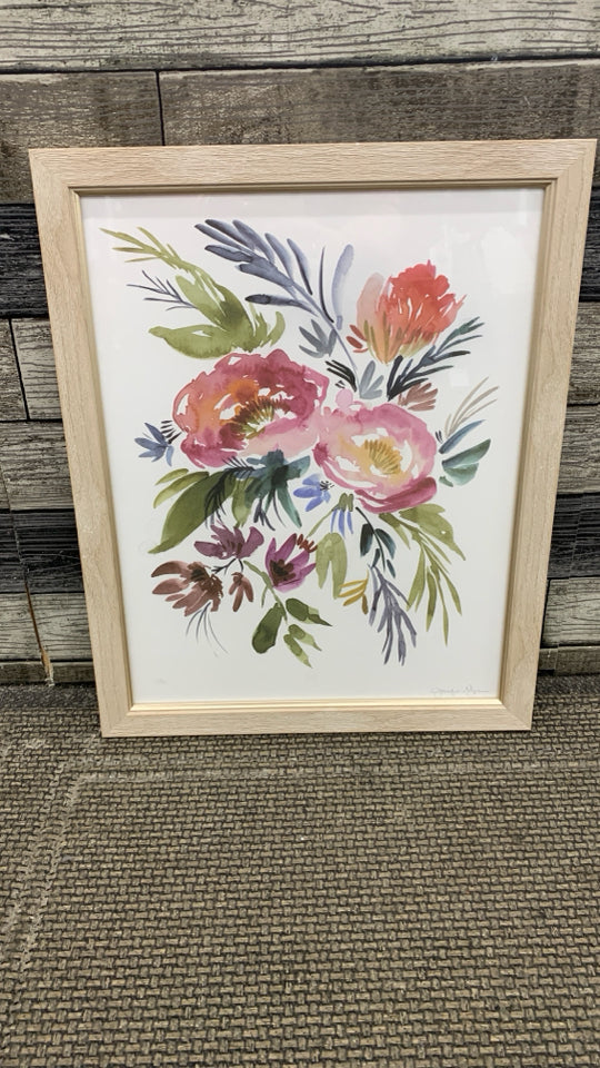 WATERCOLOR FLOWERS IN WOOD GRAIN FRAME.