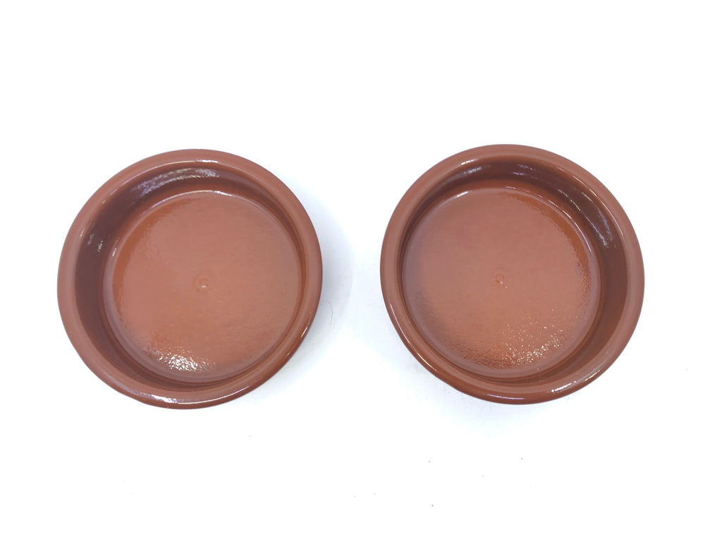 2 RED ROUND TERRA COTTA CAT DISHES.