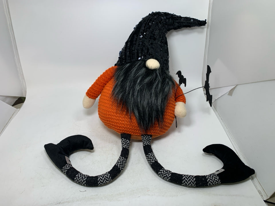 LARGE PLUSH GNOME W/ ORANGE SWEATER HOLDING BATS.