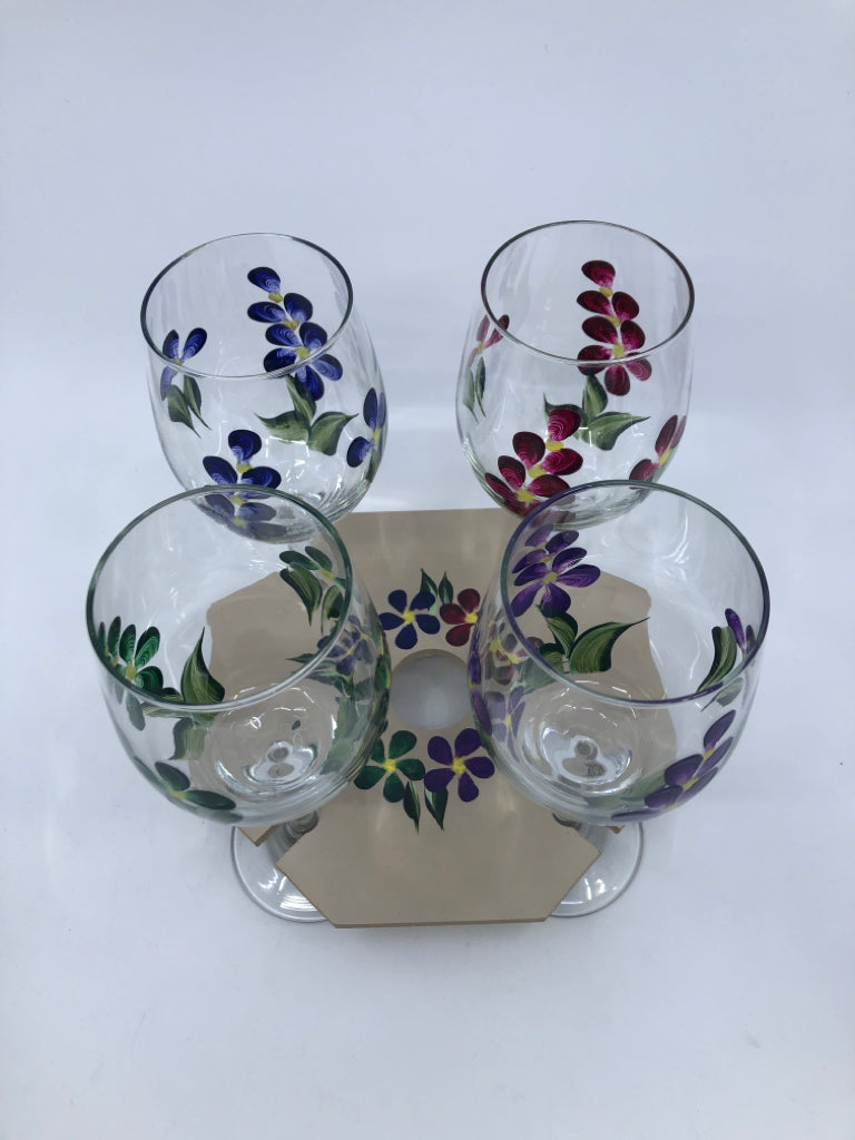 5PC FLORAL PAINTED WINE GLASS SET W WOOD STAND.