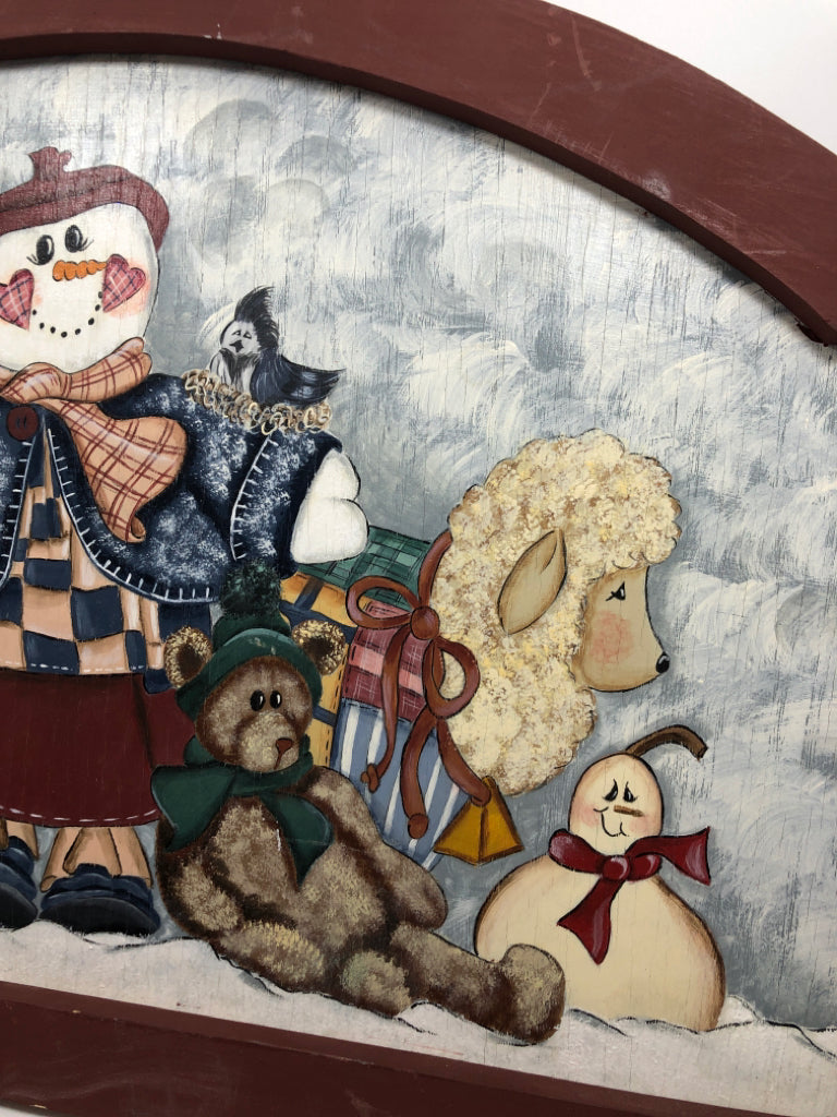 PRIMITIVE SNOWMAN IN RED FRAME WALL HANGING.