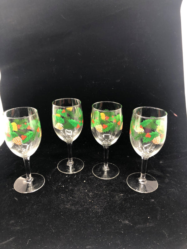 4 WINE GLASSES W/ PINECONE+MISTLETOE DESIGN.