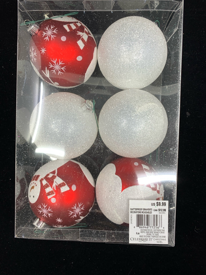 NIB RED AND WHITE SNOWMAN SHATTER PROOF ORNAMENTS.