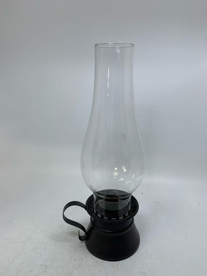 METAL BASE W/ GLASS INSERT OIL LAMP TAPERED CANDLE HOLDER.