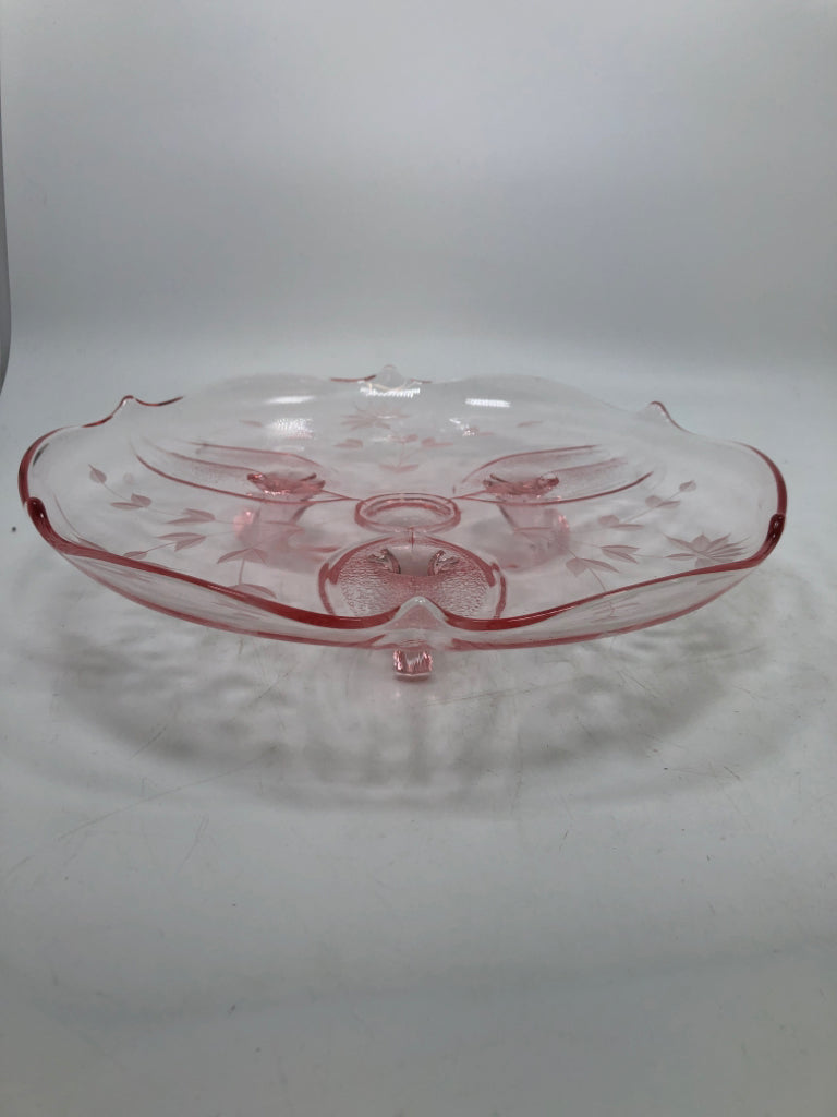 VTG PINK DEPRESSION GLASS ETCHED TRAY.