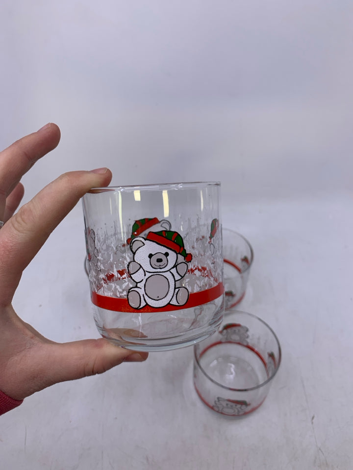 4 SHORT GLASSES W/ PRINTED TEDDY BEARS W/ HAT.