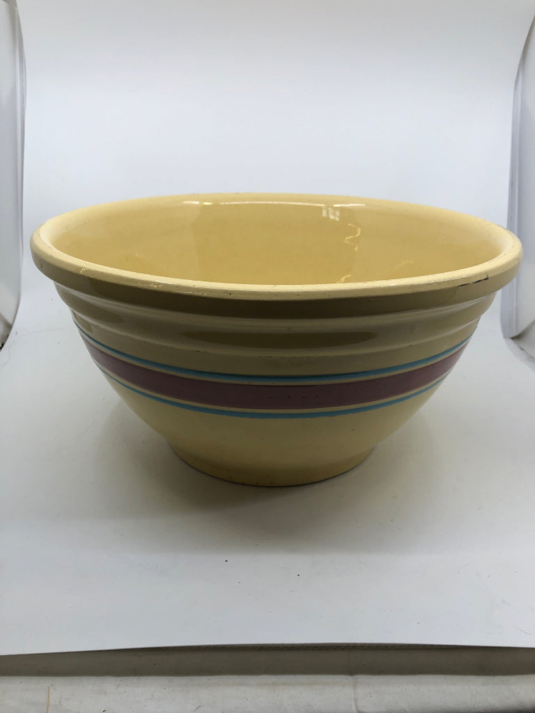 VTG WATT LARGE BOWL CREAM W/ BLUE+PINK STRIPES #14.