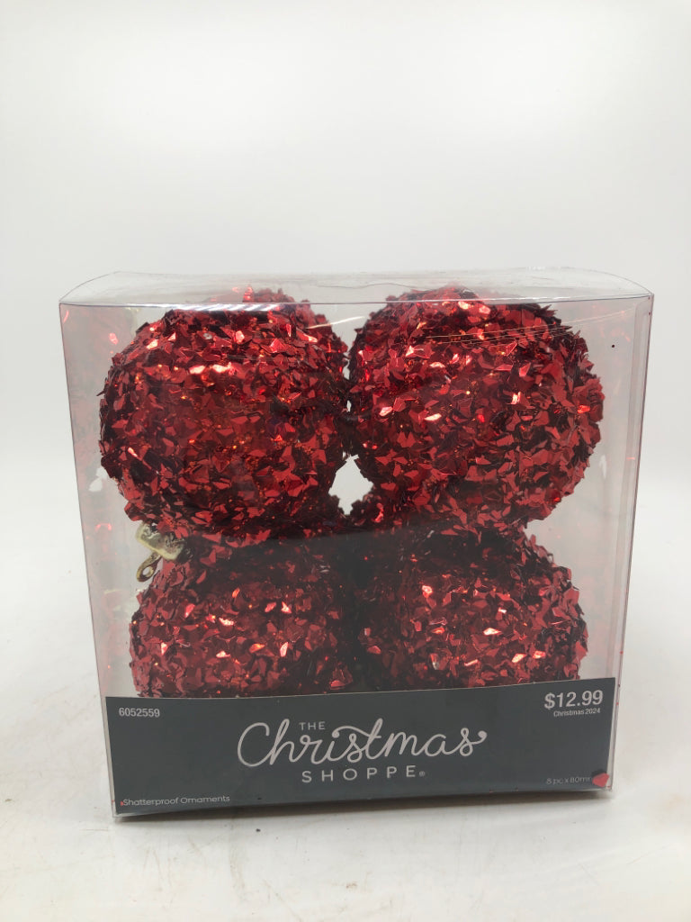 8 SPARKLY RED ORNAMENTS IN BOX - THE CHRISTMAS SHOPPE.