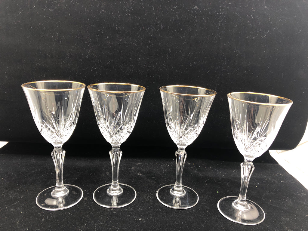 4 CUT GLASS WINE GLASSES W GOLD RIM.