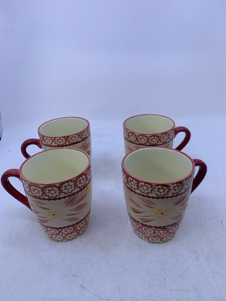4 RED PATTERN MUGS