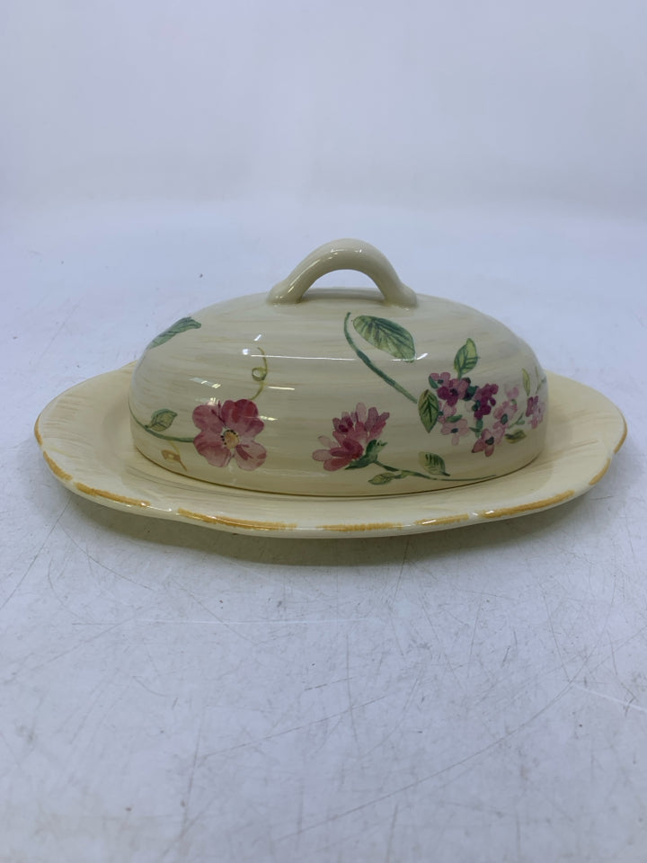 SILK ROSE PATTERN OVAL BUTTER DISH.