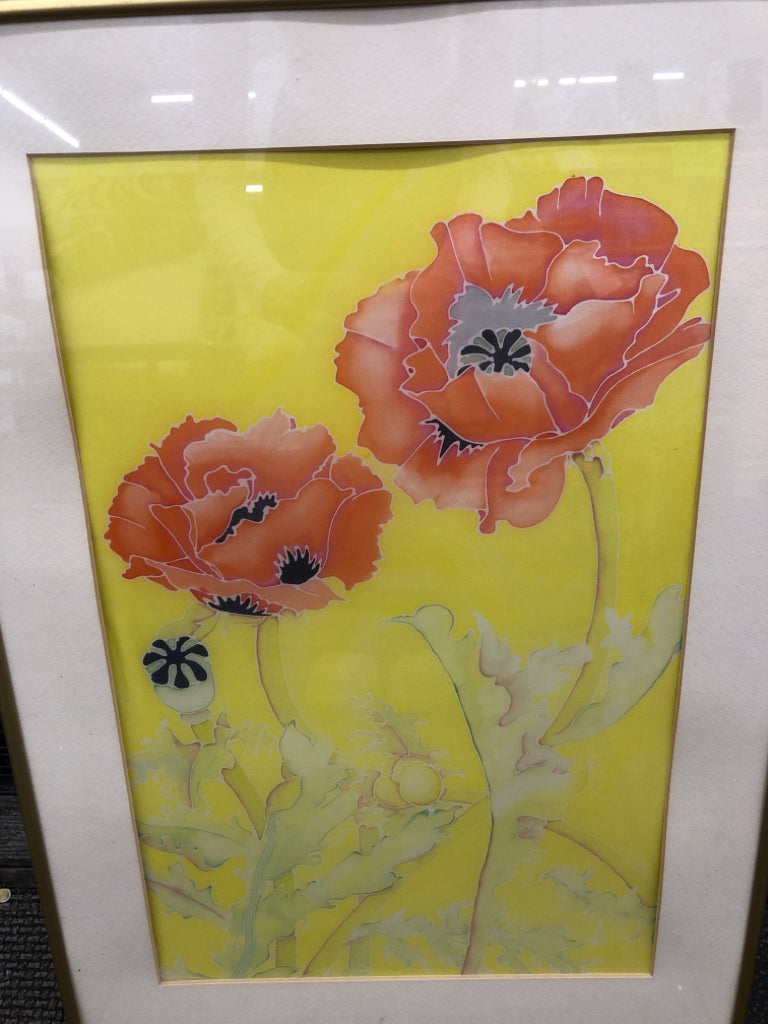 RED FLORAL W YELLOW BACK GROUND IN GOLD FRAME.