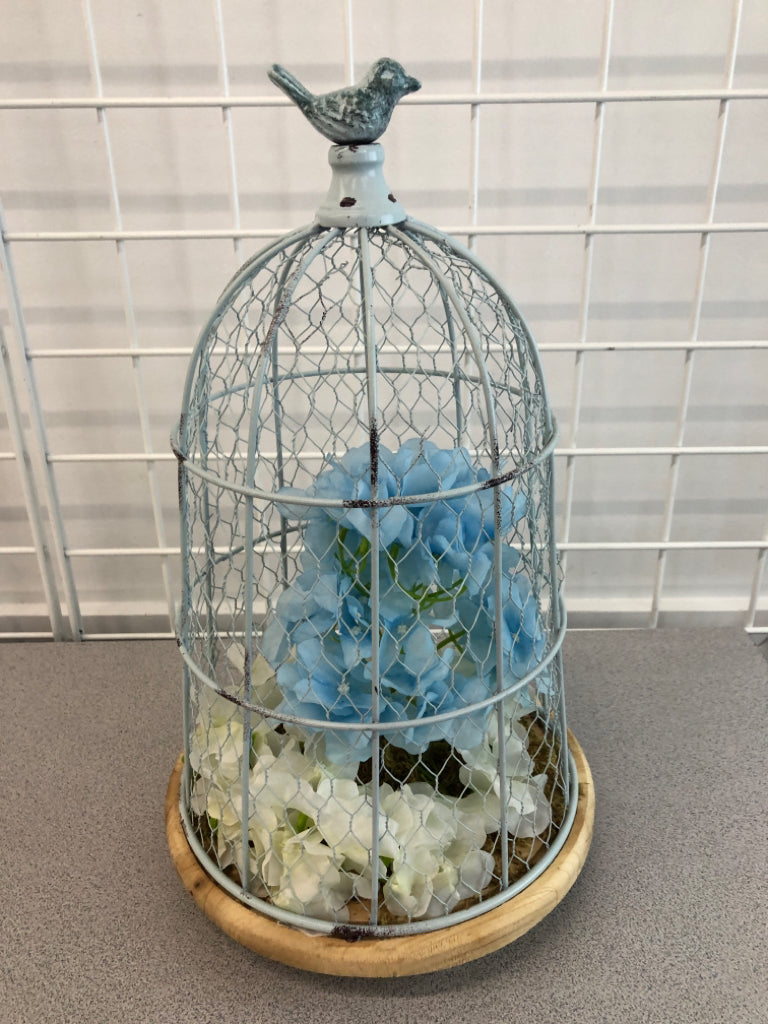 BLUE METAL BIRDCAGE DECOR W/FLORALS.