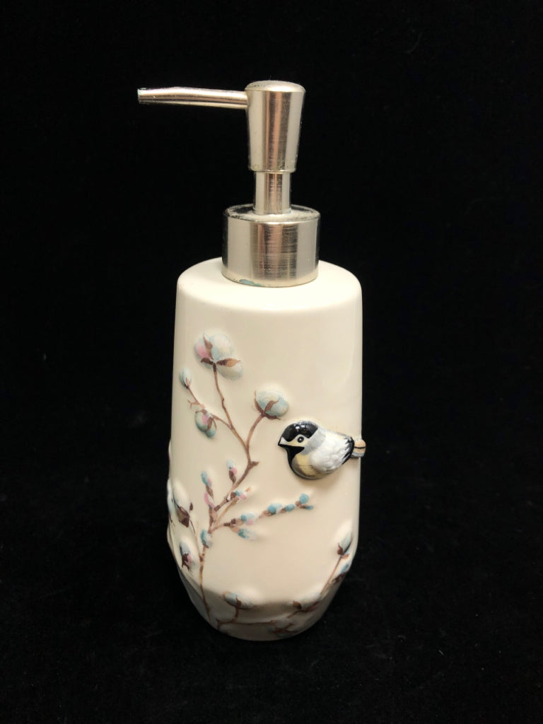 CERAMIC SOAP DISPENSER W/BLUE FLOWERS AND BIRD.
