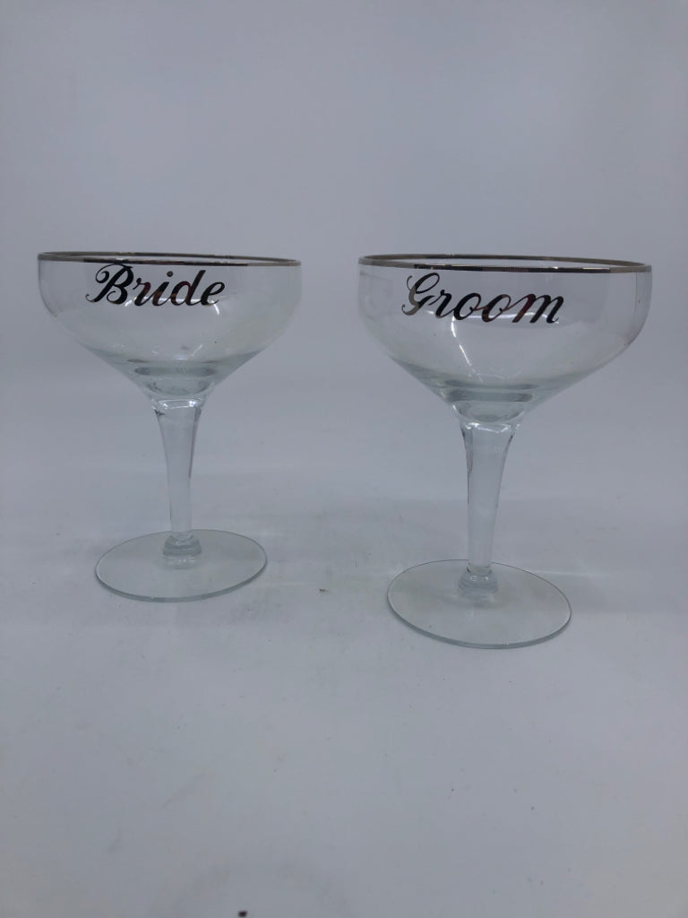 2-BRIDE AND GROOM COUPE CHAMPAGNE GLASSES.