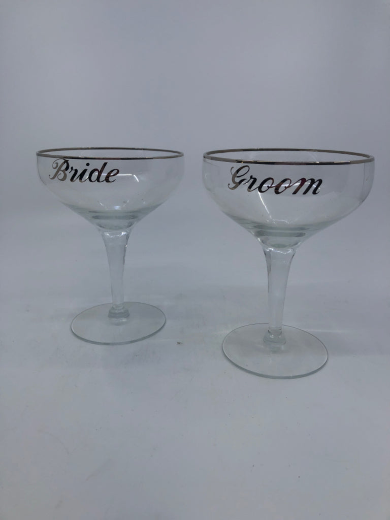 2-BRIDE AND GROOM COUPE CHAMPAGNE GLASSES.