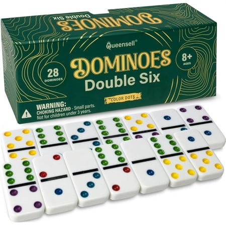 Queensell Double 6 Dominoes Set – 28 Tiles with Colored Dots for Adults and Kids