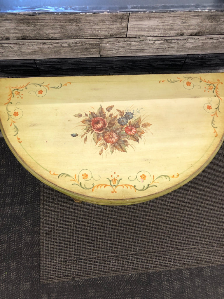 VTG CREAM PAINTED HALF MOON TABLE W FLORAL.