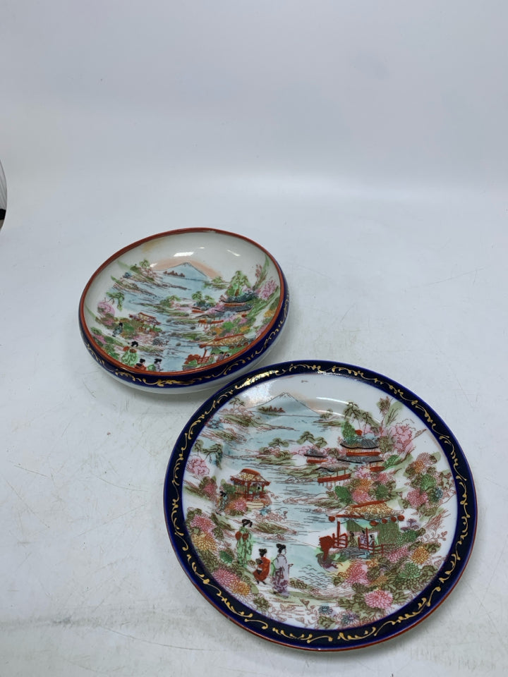 2PC BERRY BOWL W/ CATCH PLATE ASIAN STYLE VILLAGE W/ MOUNTAIN SCENE.