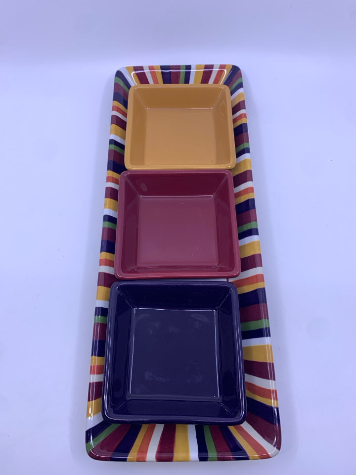 4 PC STRIPED TRAY+ BOWLS YELLOW,MAROON,PURPLE.