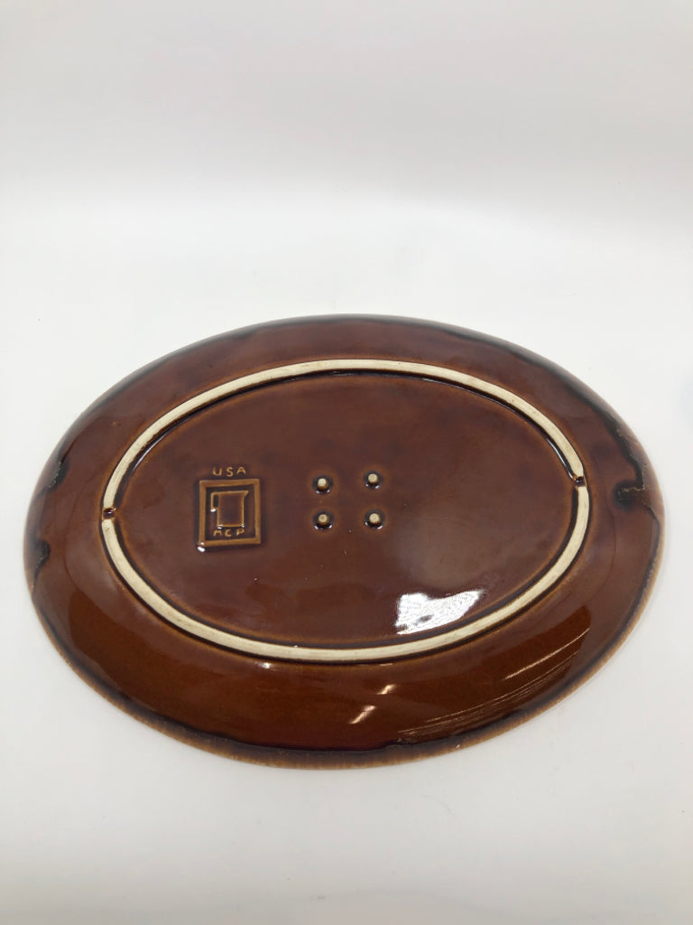 VTG TAN/BROWN DRIP GLAZE OVAL PLATTER.