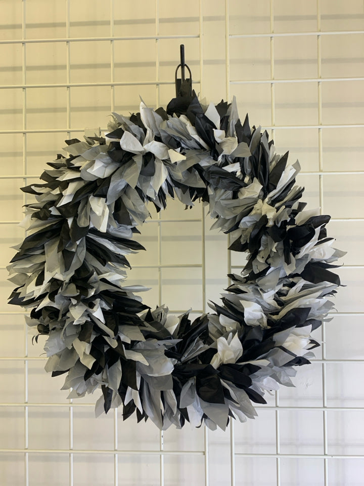 BLACK AND WHITE FAUX FEATHER WREATH.