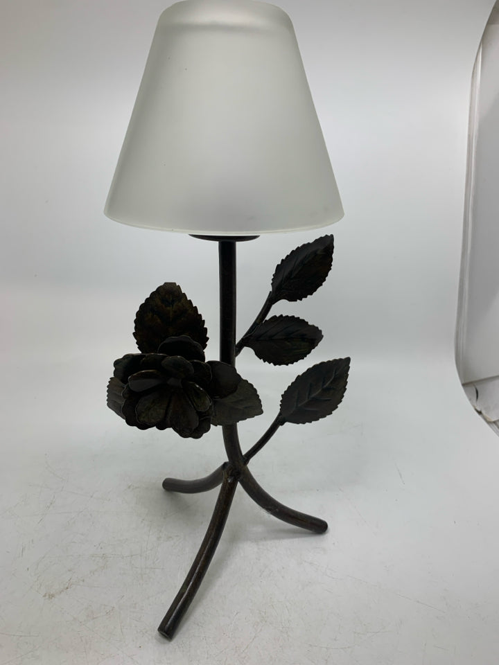 FOOTED METAL BASE W/ FLOWERS LEAVES FROSTED CANDLE SHADE TEALIGHT HOLDER.