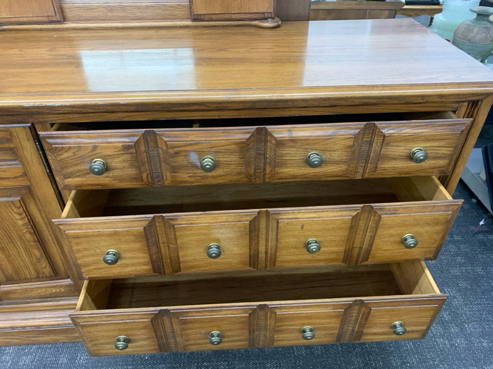 LARGE LONG DRESSER W 3 DRAWERS AND CABINET AND MIRROR.