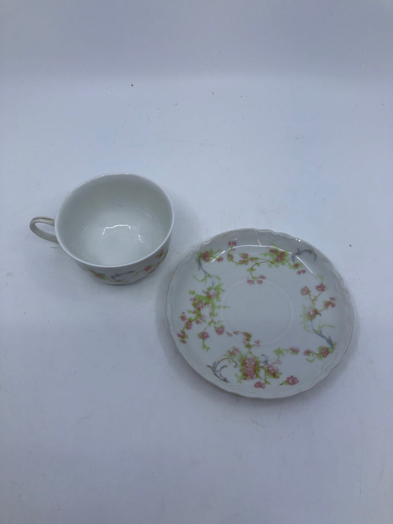 VTG PINK W GREEN TEACUP AND SAUCER.