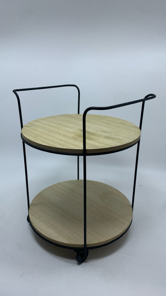 2 TIER ROUND WOOD TRAY W/WHEELS.