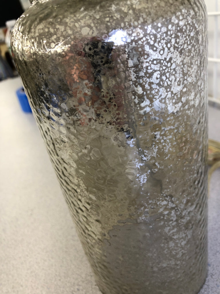 TEXTURED MERCURY GLASS BASE LAMP W/WHITE SHADE.