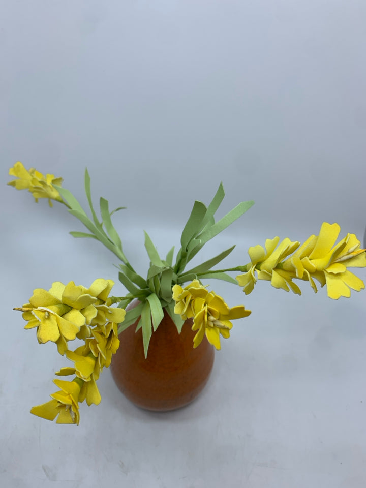 ORANGE CRACKLE VASE W/YELLOW FLORALS.