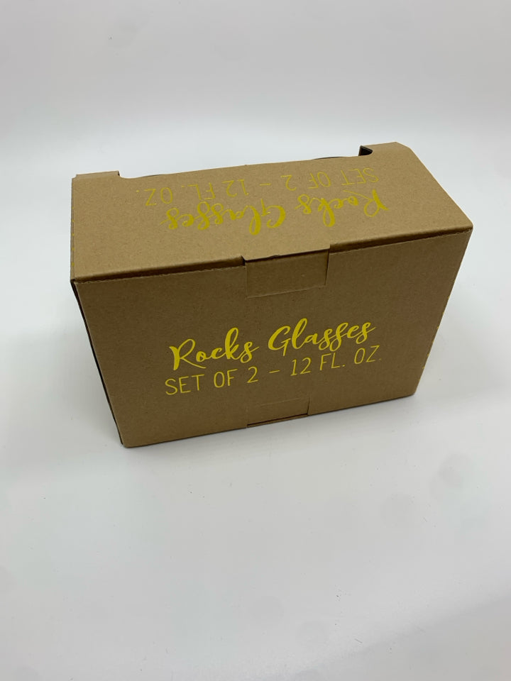 2 NIB HAPPY HOUR GLASSES W/GOLD LETTERING.