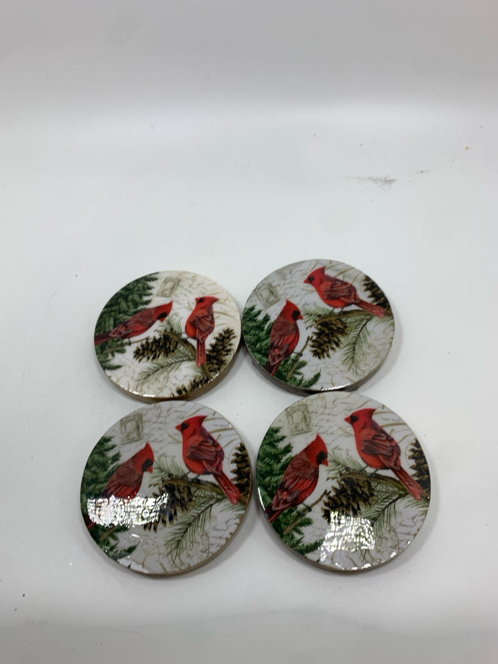 4 CARDINALS ON A BRANCH GLOSSY COASTERS.